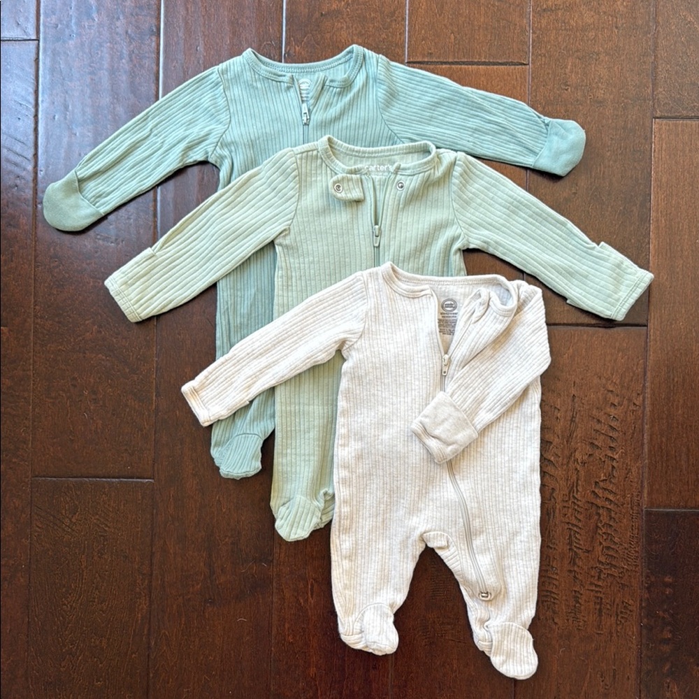 Set of Three Newborn One Piece Zipper Pajamas - Sage, Light Green and Cream